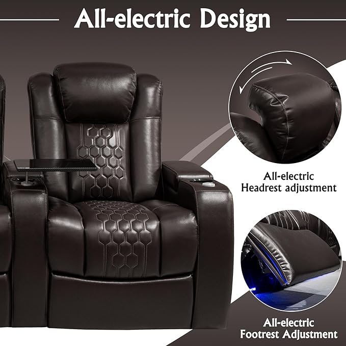 Home Theater Seating, Living Room, Heat & Massage, Powered Headrest, Powered Lumbar, Italian Leather, Powered Recline, Single Recliner (Coffee Color, Row of 5 Loveseat Left)