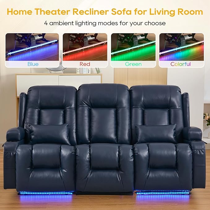 IPKIG 76" Power Reclining Sofa, Electric Home Theater Seating with Flipped Middle Backrest/LED Lighting/USB Ports/Built-in Outlets, Dual Recliner Sofa 3 Seater for Living Room RV (Blue)
