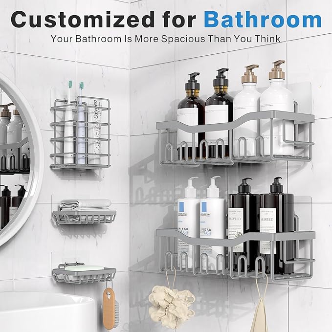 5-Pack Rustproof Stainless Steel Shower Caddy Set– No Drill Adhesive Bathroom Organizer, Space-Saving Shower Shelves for Apartment Essentials, Bathroom/Kitchen Storage Home Decor-L Size
