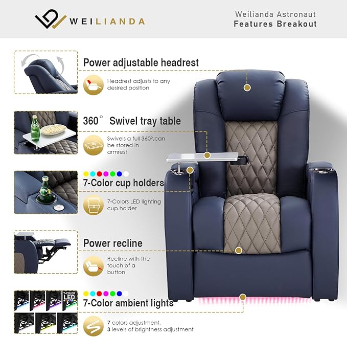 Home Theater Seating, Top Grain Leather Movie Seats Recliner Chair, Zero Gravity Reclining Gaming Sofa with Power Headrest 7 Colors Ambient Lighting 4 Seats Loveseat Middle Blue Grey