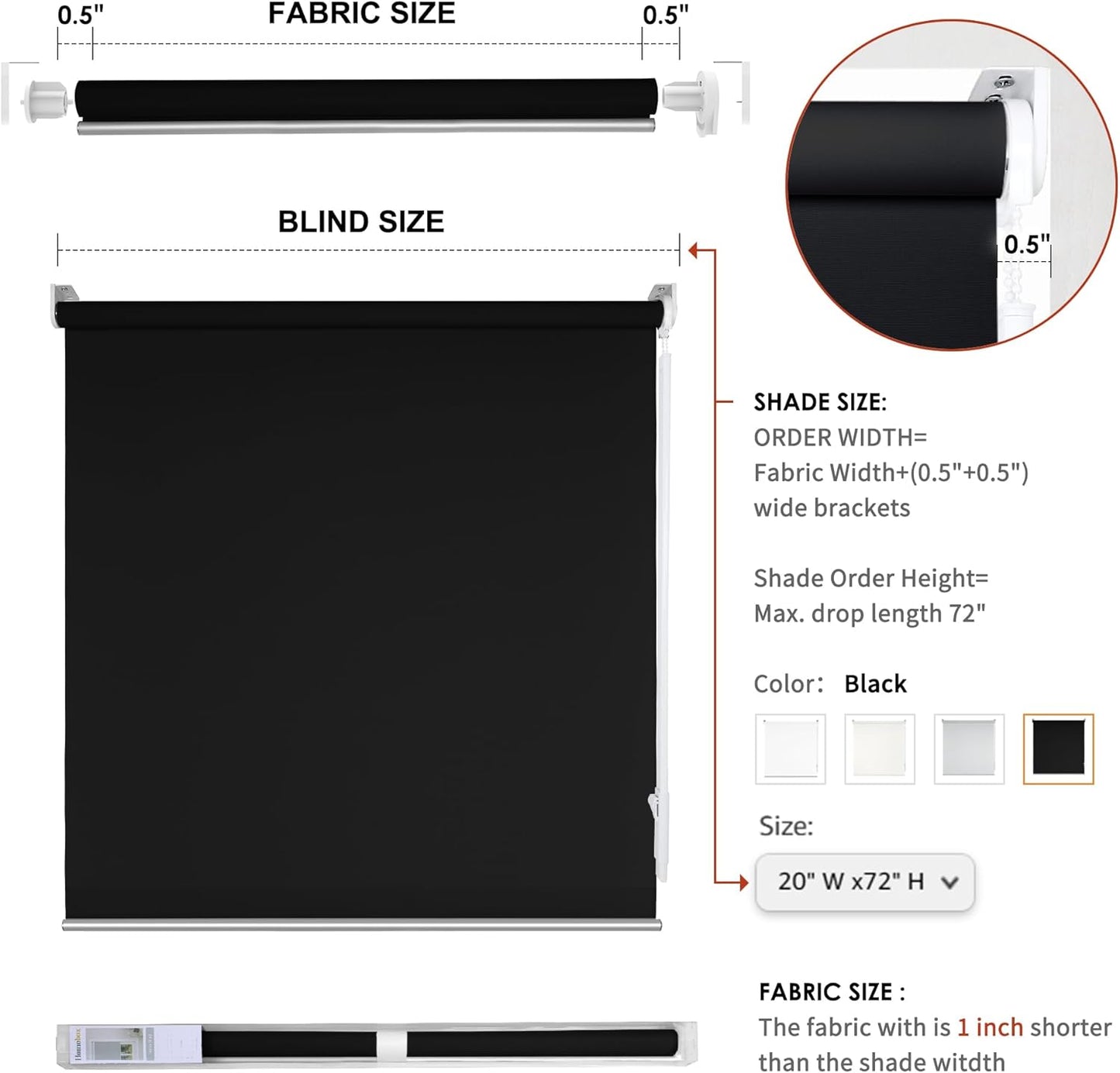 Homebox 70% Blackout Light Filtering Shade Blinds for Windows, Room Darkening Roller Shades Roll up and Down Blinds for Home and Office 32" W×72" H Black