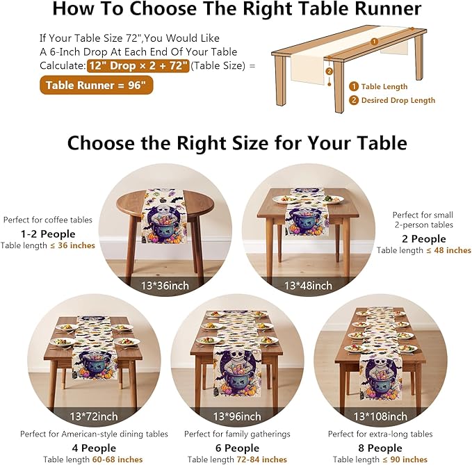 Halloween Table Runner with Mummies,Pumpkins & Candy,Table Decoration for Dining Party and Home Decor,96x13 inches