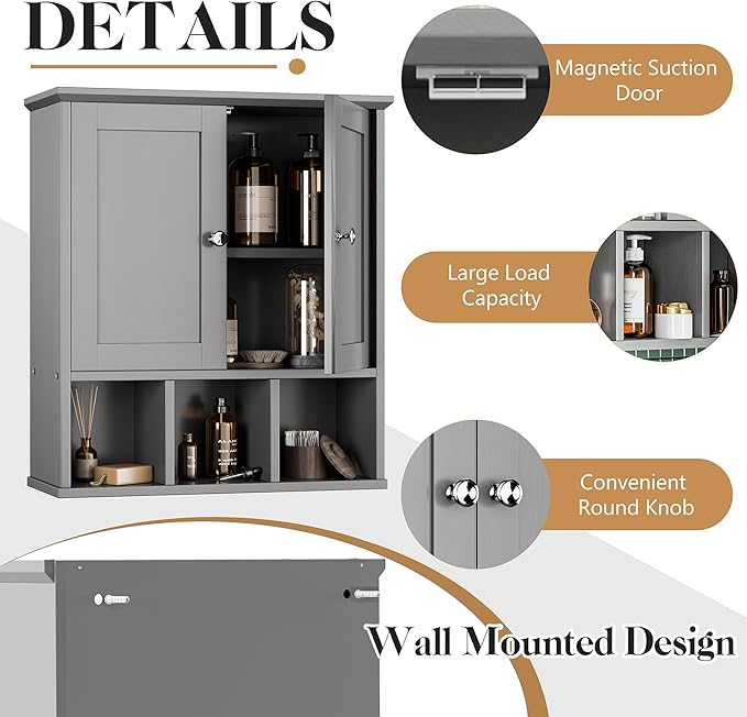 Meilocar Bathroom Wall Cabinet, Bathroom Cabinet Wall Mount with 2 Doors and 3 Open Shelves, Over The Toilet Wood Medicine Cabinets for Laundry Room, Grey