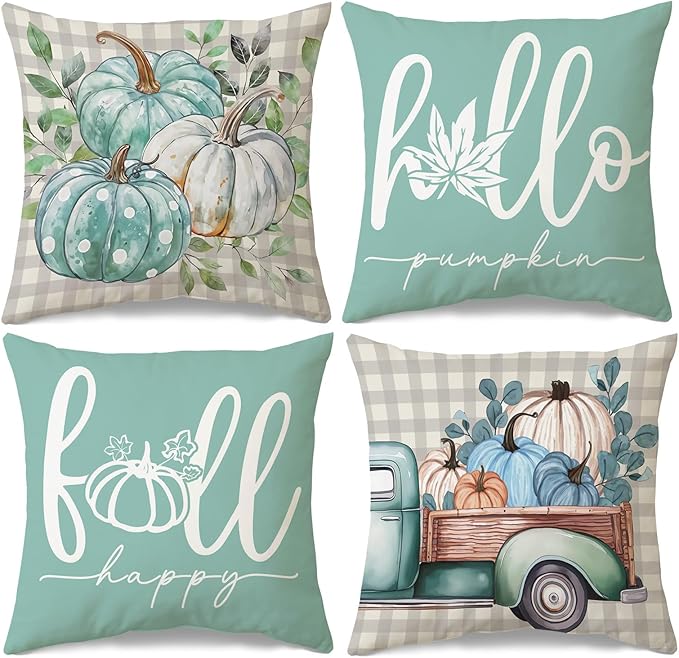 JioJio Chan Fall Pillow Covers 18x18, Set of 4 Thanksgiving Pumpkin Throw Pillows Covers for Sofa Couch, Fall Plaid Farmhouse Decoration for Living Room Bedroom Indoor Outdoor Home Autumn Decor