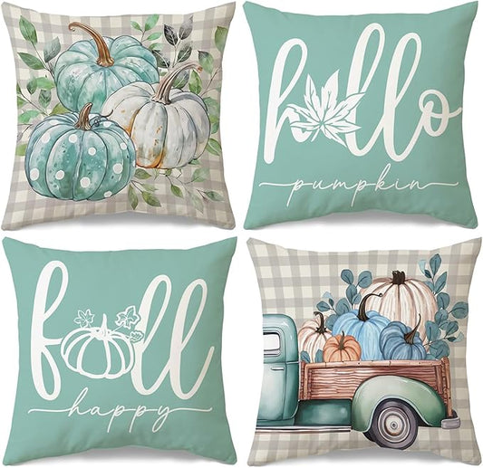JioJio Chan Fall Pillow Covers 18x18, Set of 4 Thanksgiving Pumpkin Throw Pillows Covers for Sofa Couch, Fall Plaid Farmhouse Decoration for Living Room Bedroom Indoor Outdoor Home Autumn Decor