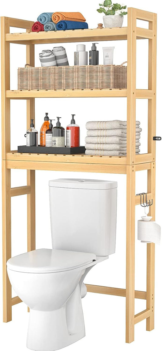 Homykic Over The Toilet Storage, 3-Tier Bamboo Bathroom Shelf with 3 Hooks, Above Toilet Organizer Rack Freestanding for Small Space, Restroom, Laundry, Easy Assembly, Natural