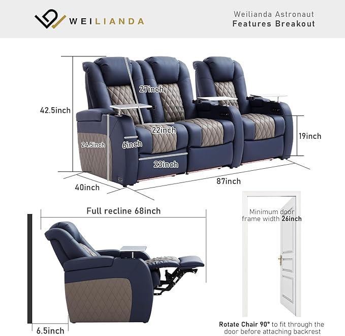 Home Theater Seating, Top Grain Leather Movie Seats Recliner Chair, Zero Gravity Reclining Gaming Sofa with Power Headrest 7 Colors Ambient Lighting 3 Seats Loveseat Left Blue Grey