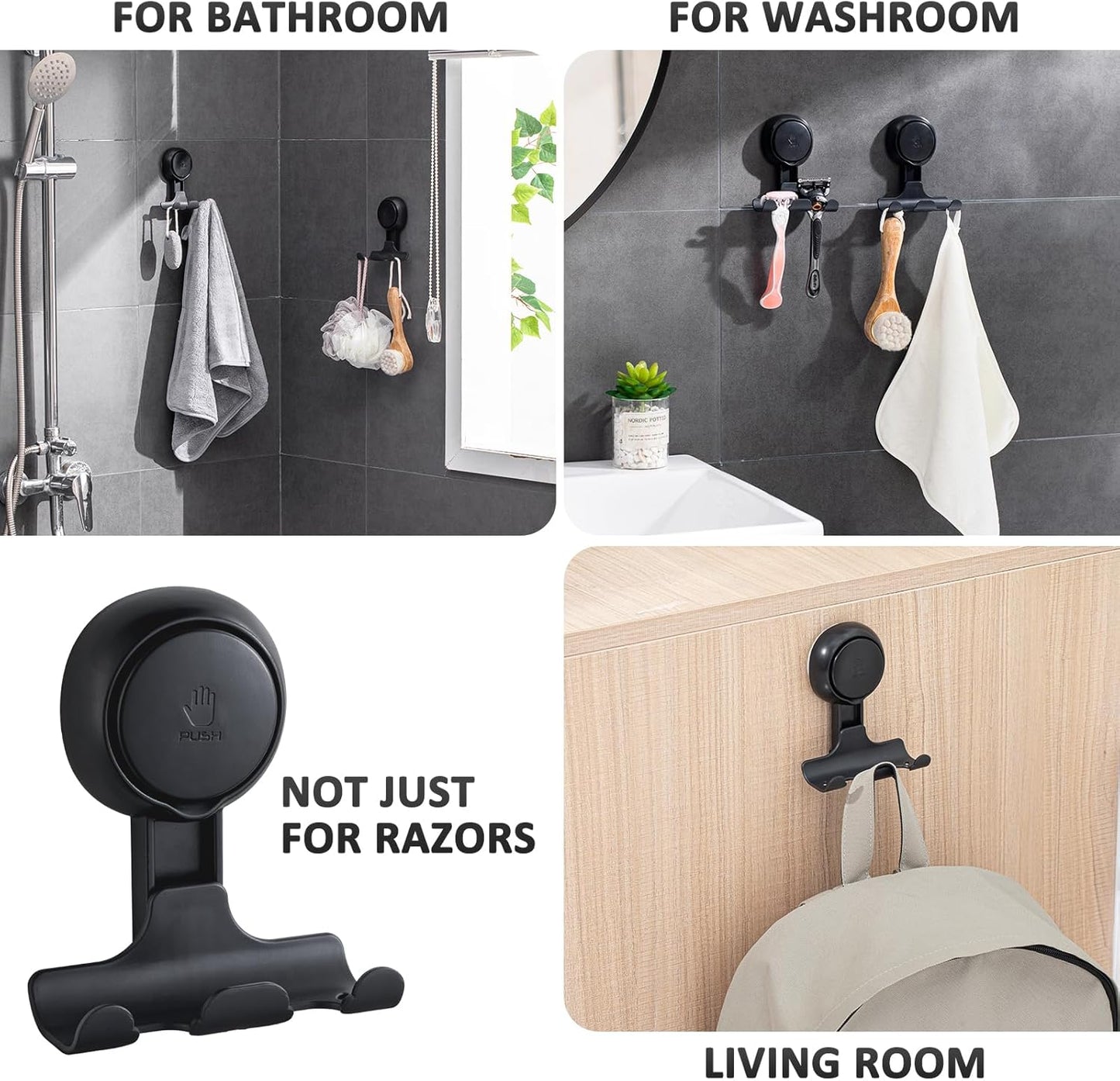 LEVERLOC Razor Holder for Shower 2 Pack, Powerful Vacuum Suction Cup Hook for Towel, Loofah, Razor, Squeegee, Damage-Free Wall Shower Hook, Shaver Holder for Bathroom, Easy to Install and Reuse, Black