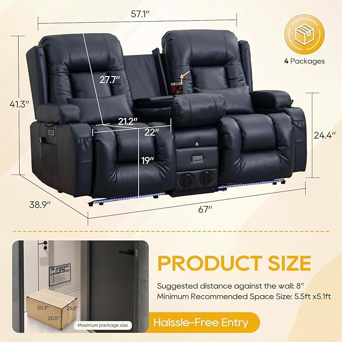 IPKIG 67" Power Reclining Loveseat Sofa, Electric Home Theater Seating with Console/4 Colors Ambient Lighting/Bluetooth Speakers/USB Ports/Built-in Outlets (Blue, Loveseat Recliner)