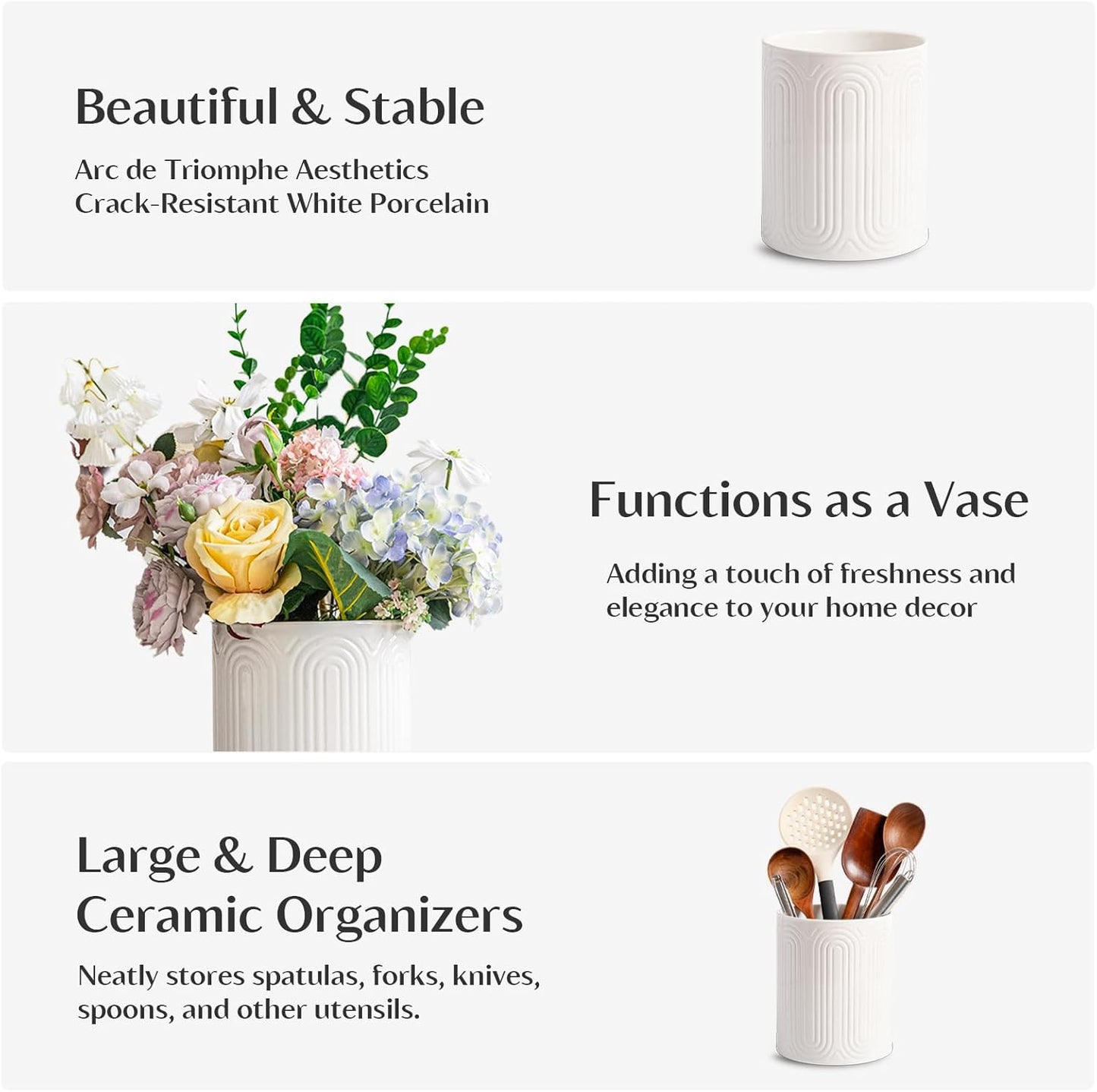 INSETLAN 7.1" Ceramic Utensil Holder, Kitchen Utensil Organizer for Countertop, Arch-Design Utensil Crock for Farmhouse Decor & Kitchen Counter, Perfect Housewarming Gift