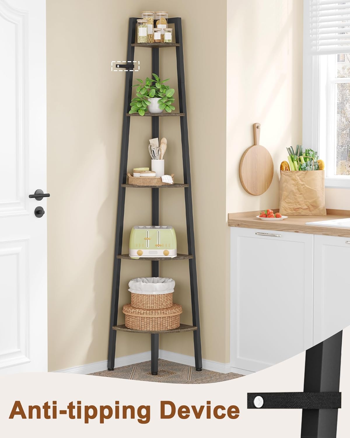 Hoctieon Corner Shelf, 5-Tier Corner Bookshelf, Rustic Ladder Shelf, Industrial Display Stand for Living Room, Kitchen, Home Office, Balcony, Small Space, Metal Frame, Grey