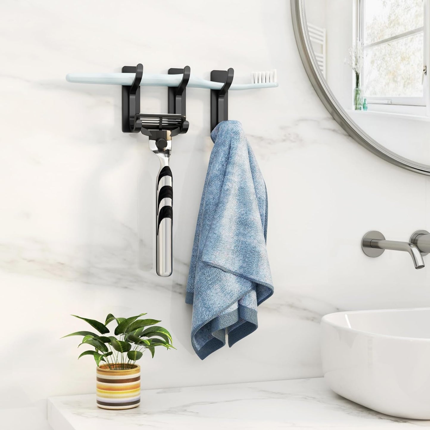 Adhesive Wall Hooks for Hanging: 2-Pack Coat Hooks for Towel, Hat, Purse, Clothes, Keys, Backpack, Stick On Hangers for Door, Kitchen, Dorm, RV, Bathroom, Shower, Hold 13 lb, Stainless, Black