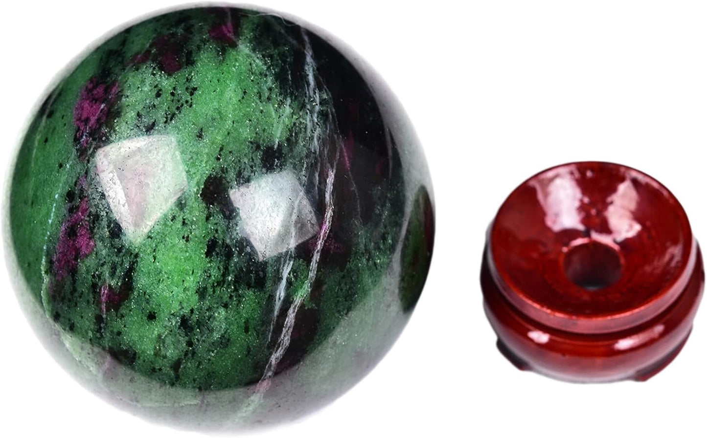 JIC Gem Crystal Sphere Ruby Zoisite Healing Ball With Wood Base - Red&Green Treasure Gemstone for Reiki Chakra Decor (70-80mm)