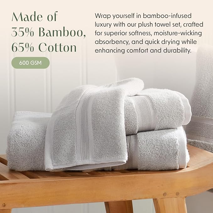 Springtree Home Luxury Bamboo Rayon Bath Towel Set of 4 | 35% Bamboo Rayon - 65% Cotton | Absorbent Quick-Dry Towels for Bathroom | Oeko-TEX Standard 100 Cotton | Grey - 4 Pack