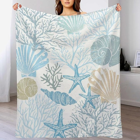 Starfish Seashell Throw Blanket for Teens Boys Girls and Adults Soft Warm Cozy Funny Midweight Food Flannel Blankets for Couch Sofa Bed Camping Travel Home Decor 50" X 60"