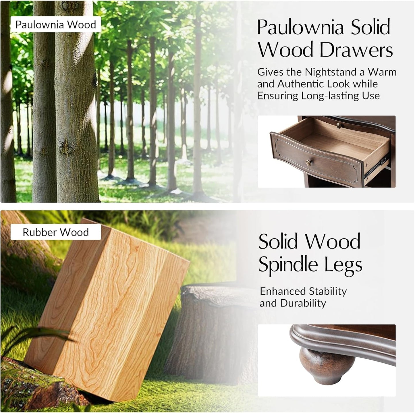 HULALA HOME Wooden Nightstand with Pull-Out Shelf, Mid Century Modern Nightstand with Solid Wood Drawers and Legs, Adjustable Storage Set of 2, Walnut