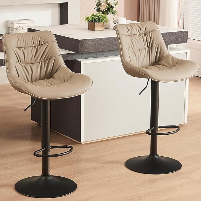 Kidol & Shellder Bar Stools Set of 2 Adjustable Swivel Khaki, PU Leather Upholstered with Back, Modern Counter Height Stools for Kitchen Island, Home Bar