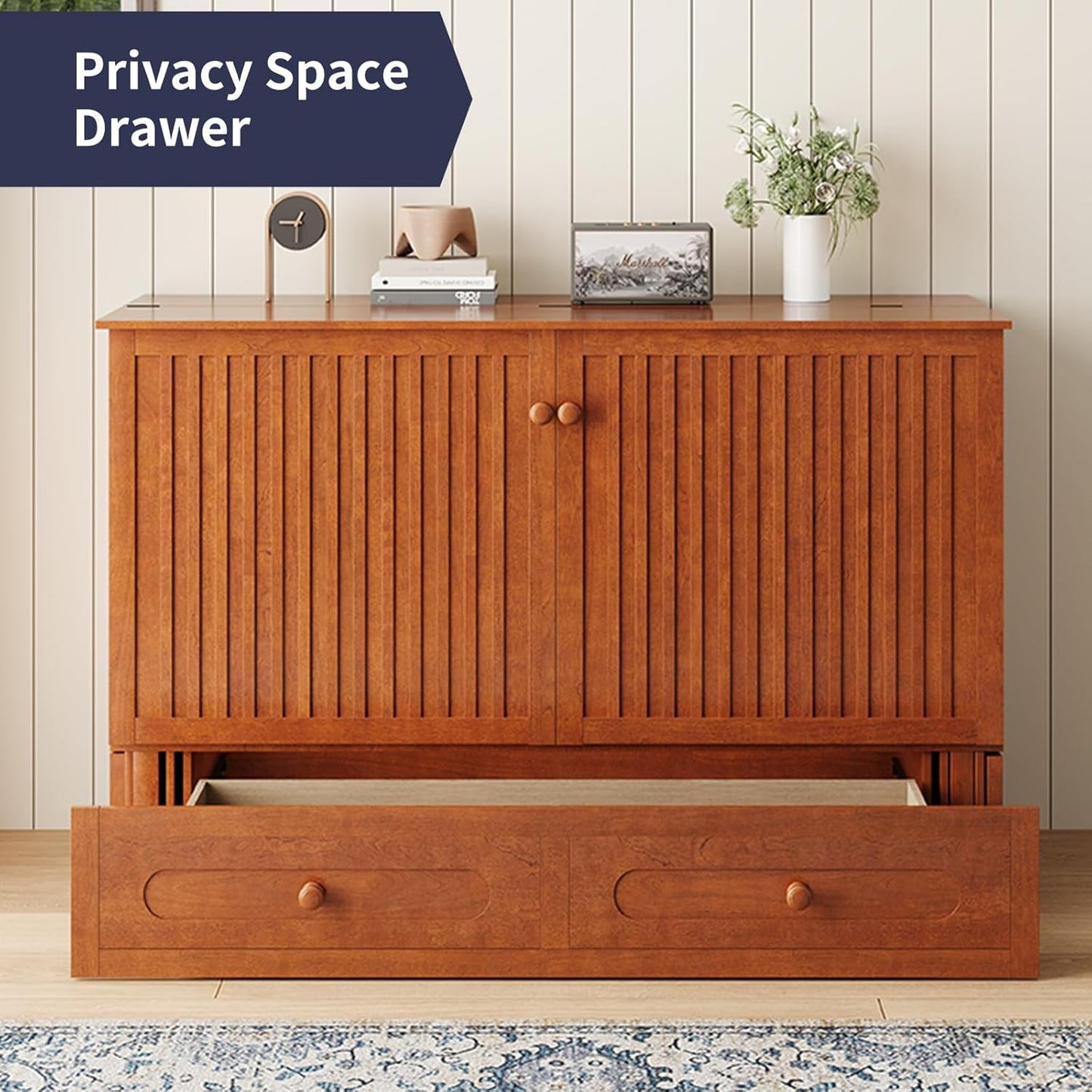 ijuicy Murphy Bed Queen Size with Foam Mattress, Side Storage Board, Cabinet Bed with Charging Station Large Storage Drawer for Space-Saving Room, Foldable Hideaway Bed Queen-Cherry