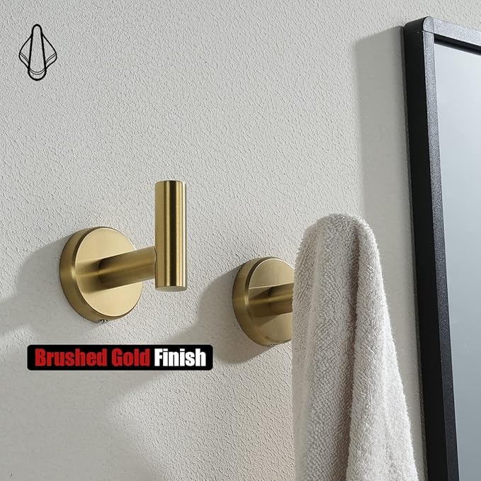 JQK Bathroom Towel Hook Brushed Gold, Brass Coat Robe Clothes Hook for Bathroom Kitchen Garage Wall Mounted (Pack of 4), SUS 304 Stainless Steel 0.8mm, TH100-BG-P4