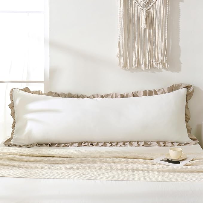 Merryword Taupe Body Pillow Cover 20x54inches White and Taupe Reversible Long Pillowcase Ruffled Body Pillowcases Cute Pillowcase Pillow Sham (1 Body, White Taupe)