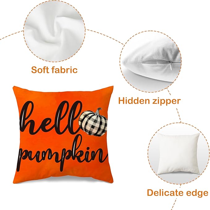 JioJio Chan Fall Decorative Pillow Covers 18x18 - Set of 4 Pumpkin Autumn Throw Plaid Decorations Pillow Covers for Couch Sofa, Fall Thanksgiving Decor for Home Bedroom Living Room Outdoor