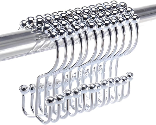 2lbDepot Shower Curtain Rings Hooks - Chrome Finish - Premium 18/8 Stainless Steel - Double Hooks with Easy Glide Rollers Rust Resistant Metal Hook, Six Finishes Available - Set of 12 for Shower Rods