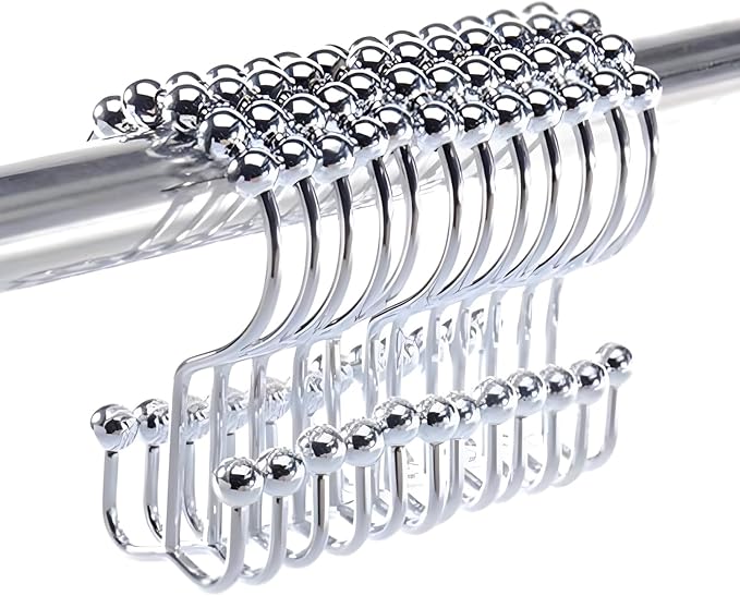 2lbDepot Shower Curtain Rings Hooks - Chrome Finish - Premium 18/8 Stainless Steel - Double Hooks with Easy Glide Rollers Rust Resistant Metal Hook, Six Finishes Available - Set of 12 for Shower Rods