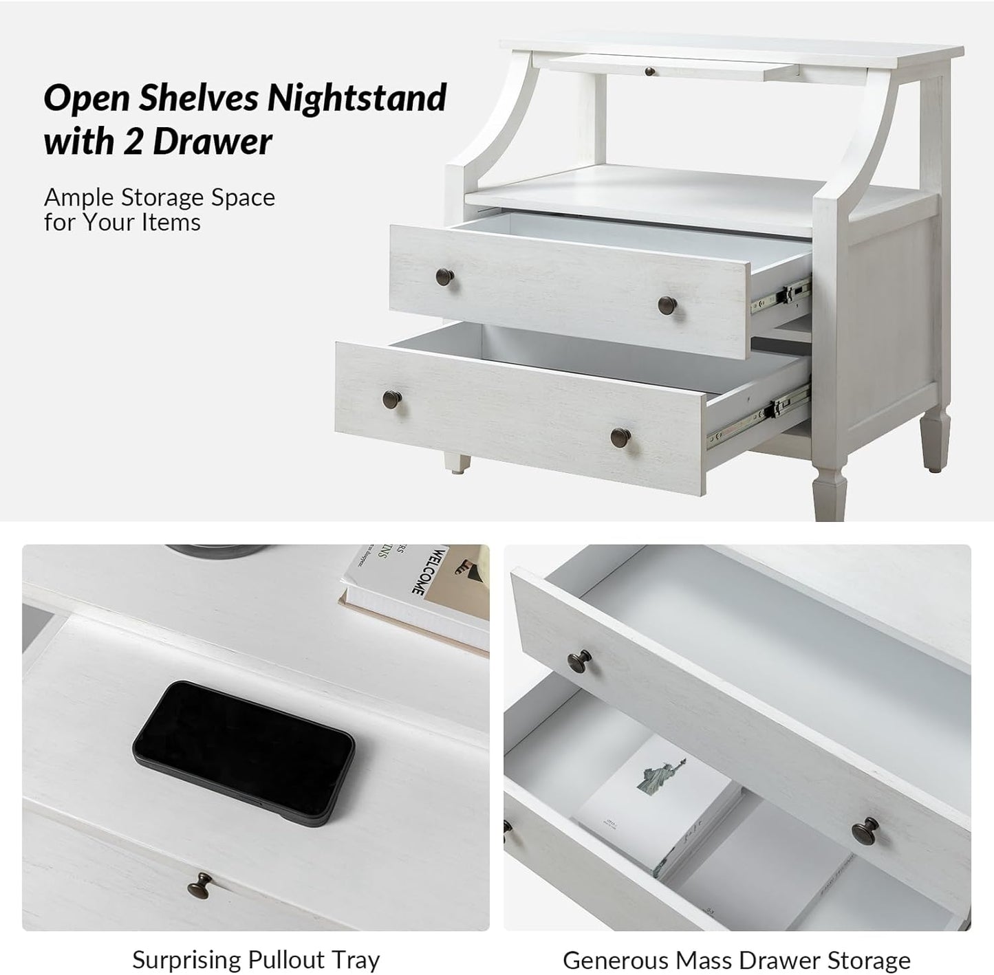 HULALA HOME Large Farmhouse Nightstand Set of 2 with Charging Station, Mid-Century Modern 2 Drawer Dresser, Bedside Table with Pull Out Shelf and Hidden Storage Space for Bedroom, White