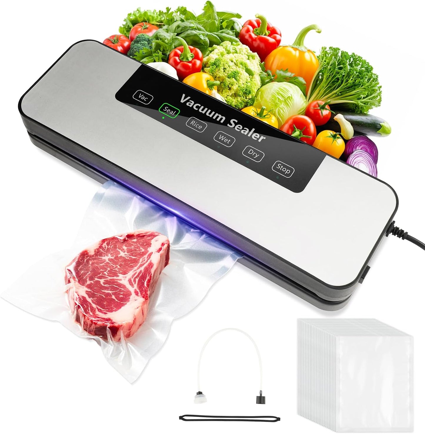 Vacuum Sealer for Food, Automatic Food Vacuum Sealer Machine, Precision Suction Power Compact 6-in-1 Food Sealer, Dry & Moist Modes with 50 Vacuum Bags and Air Suction Hose (Silver)