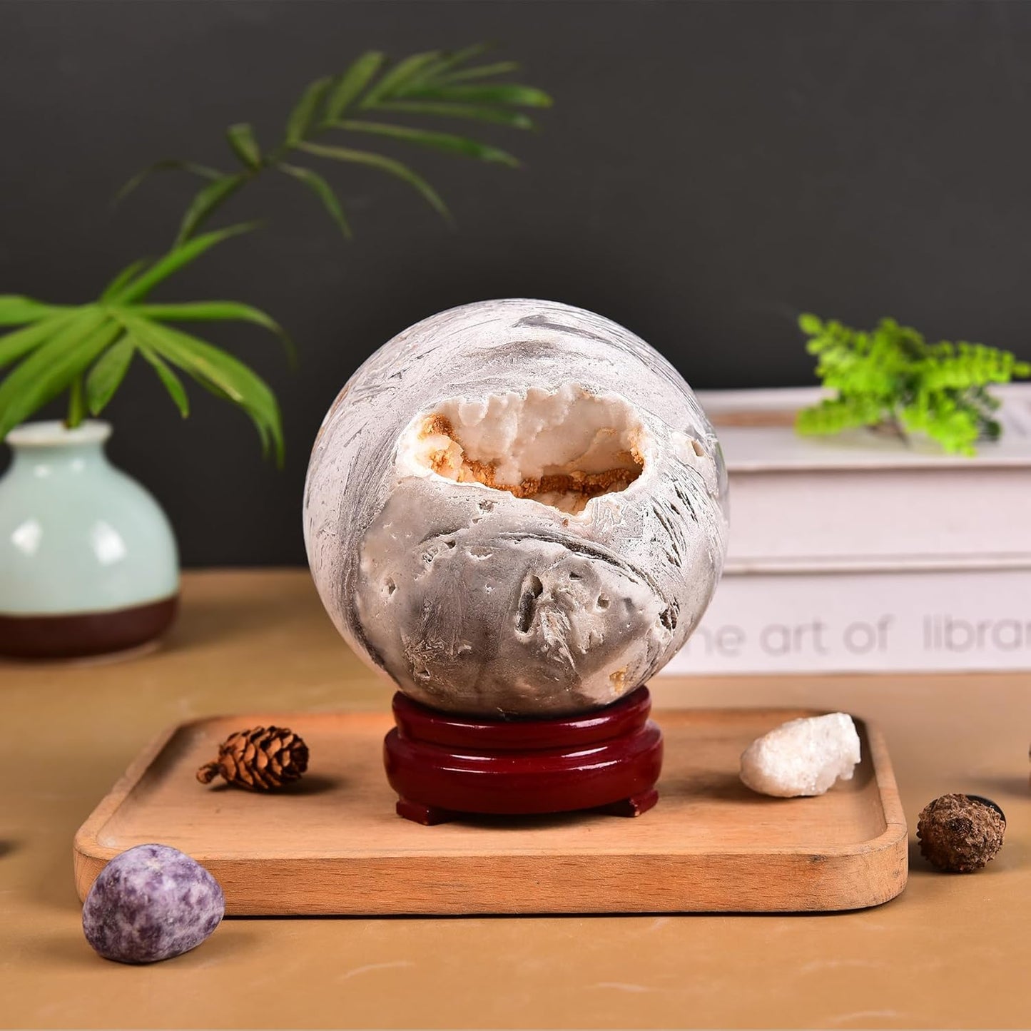 JIC Gem Large Mexican White Agate Crystal Sphere Ball with Wooden Stand White Healing Crystal Decorative Ball 90-100mm