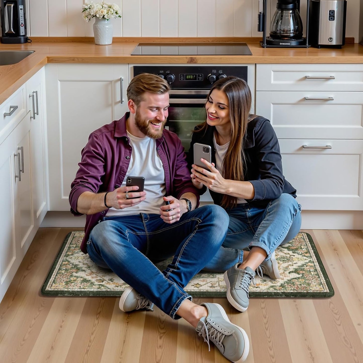 KIMODE Anti Fatigue Kitchen Mat 20"x39", Boho Vintage Kitchen Rug, Non Slip Kitchen Mats for Floor, Cushioned Kitchen Floor Mats, Standing Desk Mat for Sink Laundry Office Desk Green/Yellow