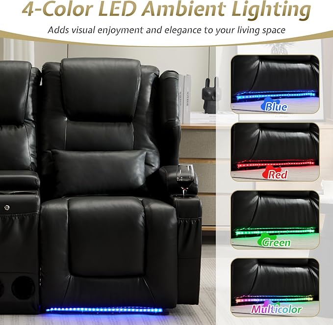 SAMERY Power Loveseat Recliner Sofa with Adjustable Split Back, USB Charging, Bluetooth Speakers & LED Lighting – Home Theater Seating with Storage, Cup Holders, Black Faux Leather Loveseat Recliner