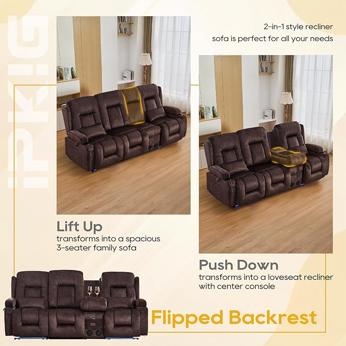 IPKIG 89" Power Reclining Loveseat Sofa, Electric Home Theater Seating with Console/4 Colors Ambient Lighting/Bluetooth Speakers/USB Ports/Built-in Outlets (Brown, 3-Seater with Console)