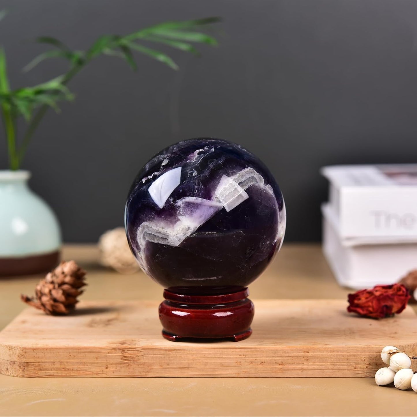 JIC Gem Colorful Fluorite Crystal Ball with Wooden Stand Healing Crystal Sphere Ball for Feng Shui Decor Spiritual Gifts 70-80mm