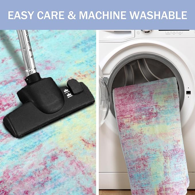 IOHOUZE Abstract Runner Rug 2x12 Ft Washable Runners for Hallways, Non Slip Kitchen Runner Printed Faux Wool Entryway Runner Indoor, Modern Abstract Floor Carpet for Hall Kitchen, Pink Teal