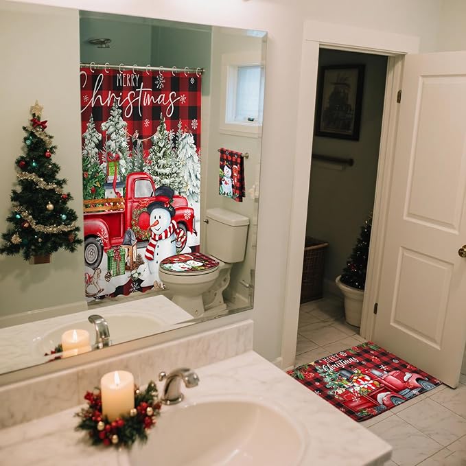 8 Pcs Christmas Shower Curtain Set Xmas Santa Bathroom Decoration Christmas Tree Hand Towels Snowman Toilet Lid Cover Bathroom Rugs Xmas Shower Curtain with Hooks(Buffalo Plaid)