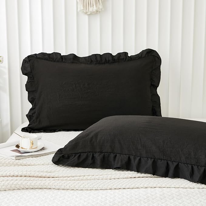Merryword Black Pillow Shams Standard Pillowcases 20x26inch Black Ruffle Cute Pillow Cover Set of 2 Shabby Chic Soft Microfiber Pillowcases