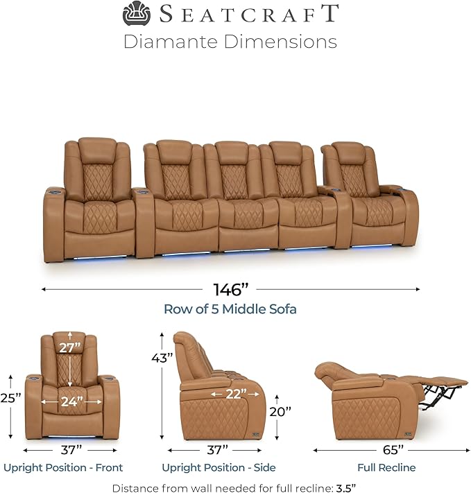 Seatcraft Diamante Zero-Gravity CoolZero Italian Leather Home Theater Seating, Power Headrest, Power Recline, Row of 5 Middle Sofa, Tan Oak