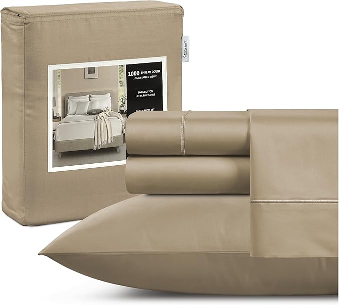 100% Cotton Queen Sheet Set - 1000 Thread Count Deep Pocket Sheets Queen Size, Luxury Hotel Collection Sheets, Soft & Comfy Machine Washable - Taupe