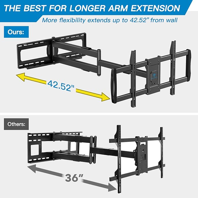 PERLESMITH Long Arm TV Wall Mount for 42-90 inch TVs, Full Motion TV Mount with 42.72 inch Extension Articulating Arm Swivel and Tilt, Max VESA 800x400mm, Holds up to 150 lbs, 16”,18”, 24” Studs