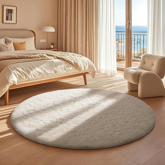 Ophanie Round Rug 4Ft Ivory Circle Area Rug, Aesthetic Room Decor, Fluffy Fuzzy Bedroom Carpet, Plush Soft Shaggy Cream Living Room Rugs for Kids Home Decor, Nursery