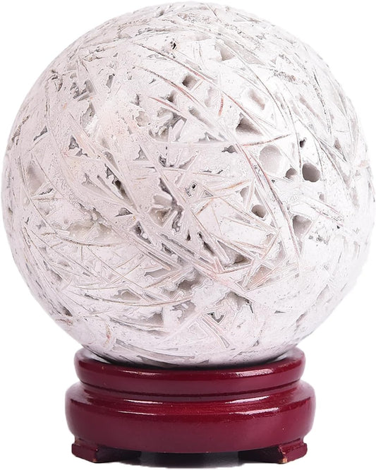 JIC Gem Large Mexican White Agate Crystal Sphere Ball with Wooden Stand White Healing Crystal Decorative Ball 90-100mm