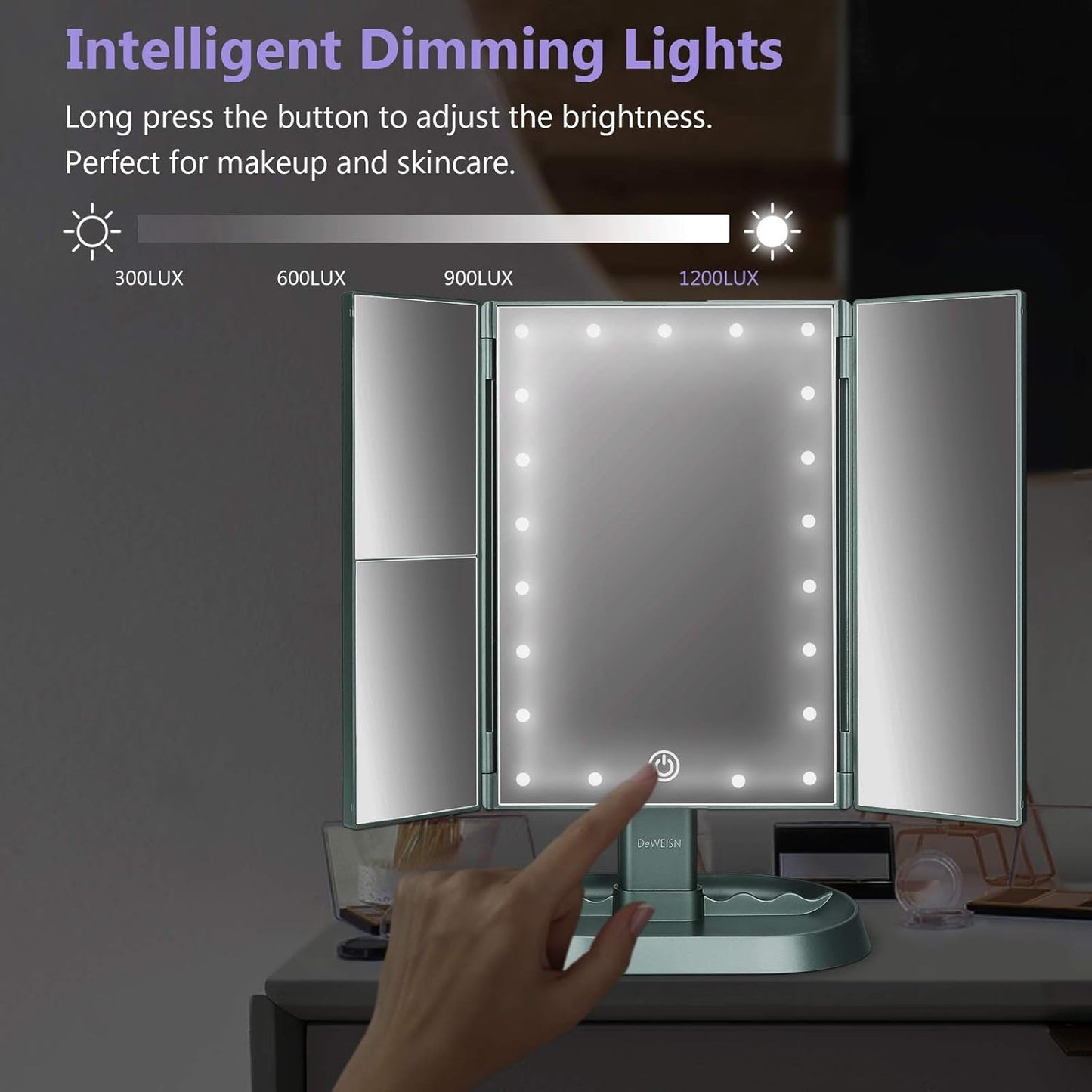 deweisn Trifold Lighted Vanity Makeup Mirror with 21 LED Lights,1x/2x/3x Magnification Touch Screen Dimming,Two Power Supplies Makeup Mirror, Gift for Women