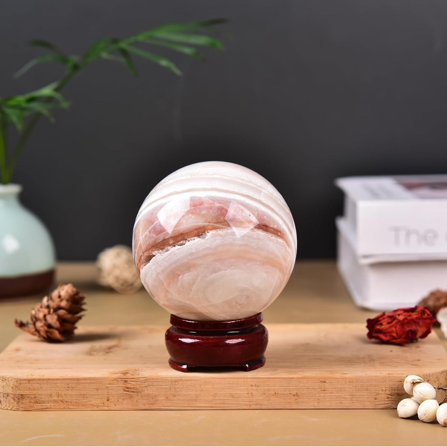 JIC Gem Natural Pink Agate Crystal Sphere with Wooden Stand,Decorative Crystal Ball Pink Gemstone Sphere for Meditation,Feng Shui,Witch-Style Decor,Table 70-80mm