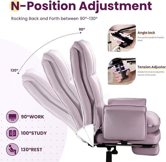 Office Chair, Modern Home Office Desk Chairs with Wheels and Retractable Footrest, Adjustable Backrest Velvet High Back Office Chair, Computer Chairs for Bedroom (Light Purple)