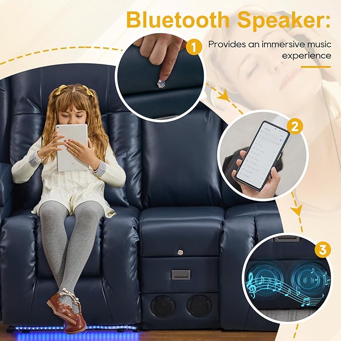 IPKIG 89" Power Reclining Loveseat Sofa, Electric Home Theater Seating with Console/4 Colors Ambient Lighting/Bluetooth Speakers/USB Ports/Built-in Outlets (Blue, 3-Seater with Console)