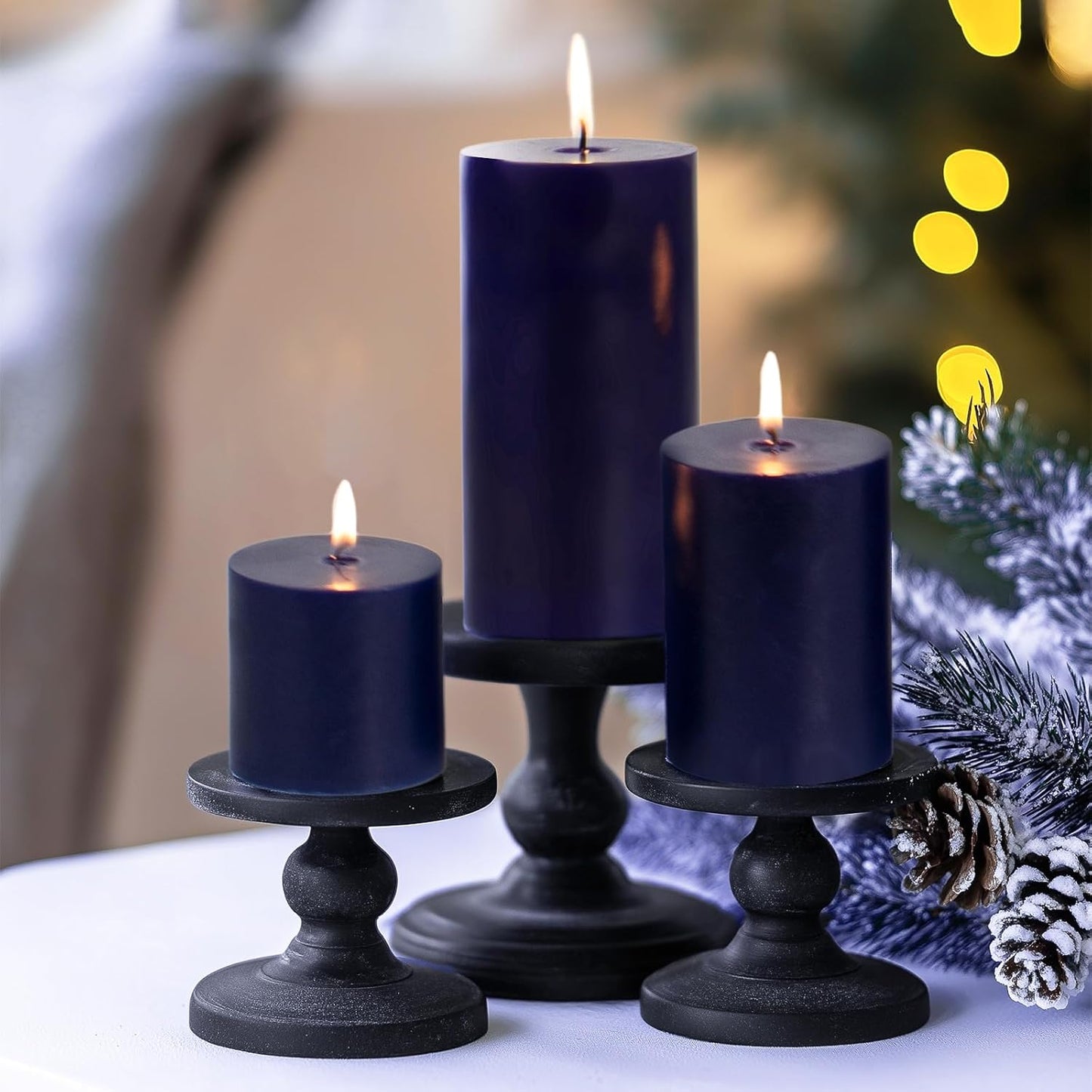 KONNI Navy Blue Pillar Candles Set of 3, 3"x 6" Unscented Pillar Candles Bulk, 56 Hours Long Burning Candles, Smokeless&Dripless Large Round Candle for Wedding, Home Decoration, Parties, Spas, Dinner