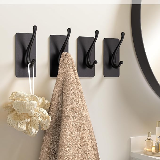 Towel Hooks, Solid Alloy Adhesive Wall Hooks for Hanging, Towel Hooks for Bathroom, RV, Kitchen, Closets, etc (Black, 2 Pack)