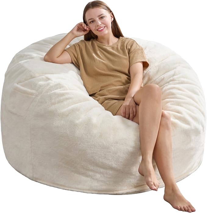 Hobestluk 4FT Bean Bag Chairs for Adults Large Beanbag Chair with Plush Faux Fur Cover Big Bean Bag Chair for Living Room Bedroom Dorm Office - White (44” x 44” x 24”)