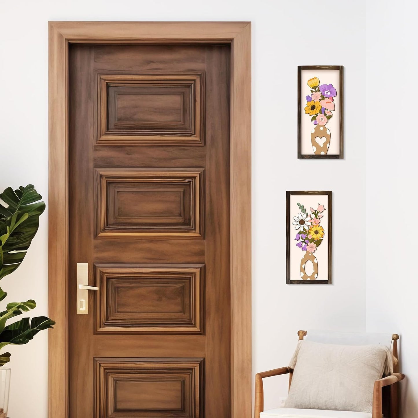 Kas Home 3D Floral Wall Art, 2 Set Rustic Wood Boho Flower with Vase Framed Wall Decor for Bathroom Living Room Bedroom Office Housewarming Gift, Ready To Hang Plaque Sculptures (White-P, 6L" x 12W", Framed)